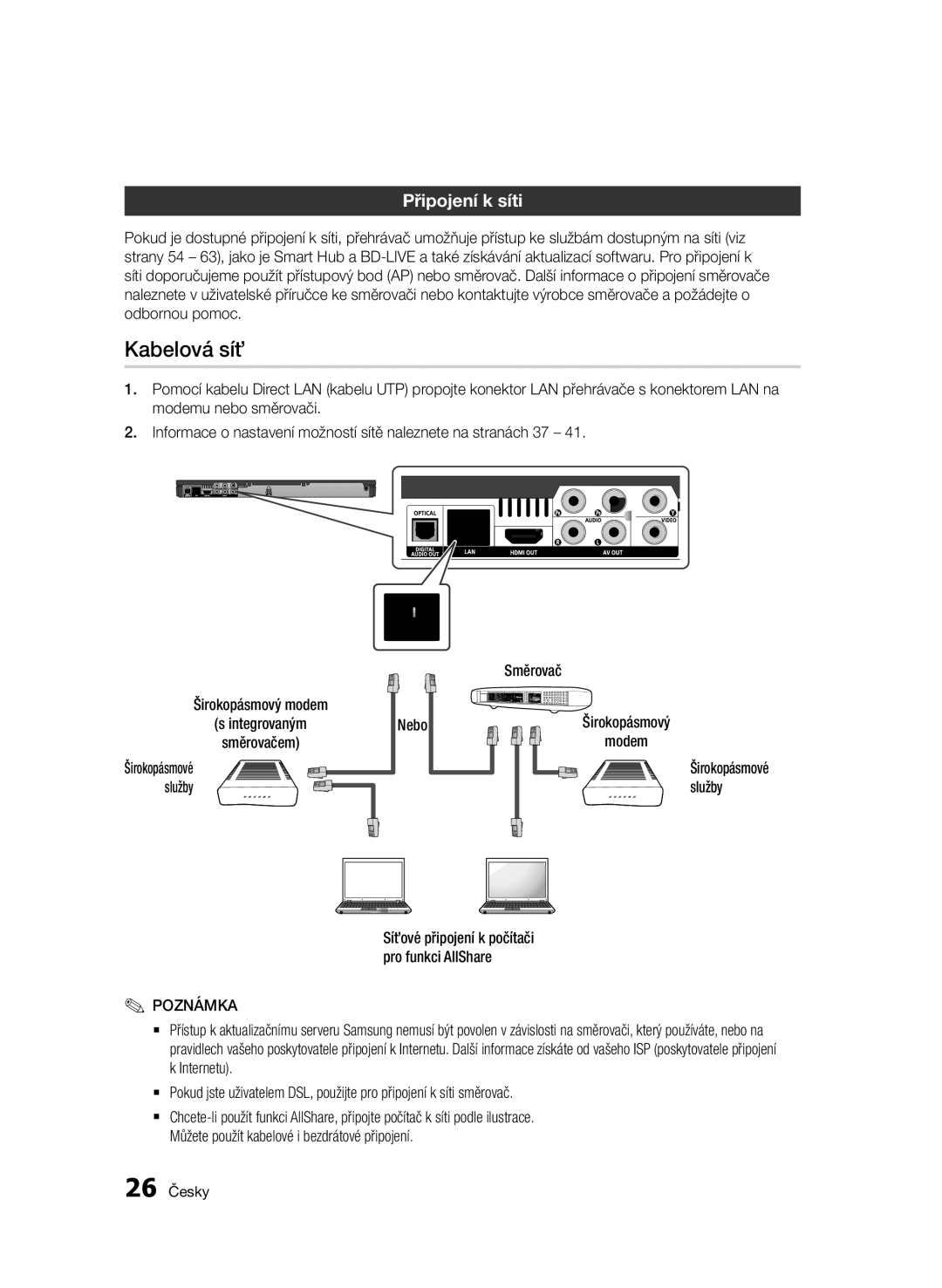 Samsung BD-D6500/ZF, BD-D6500/ZA, BD-D6500/XN, BD-D6500/EN manual Kabelová síť, Připojení k síti, Směrovač, Nebo, Služby 